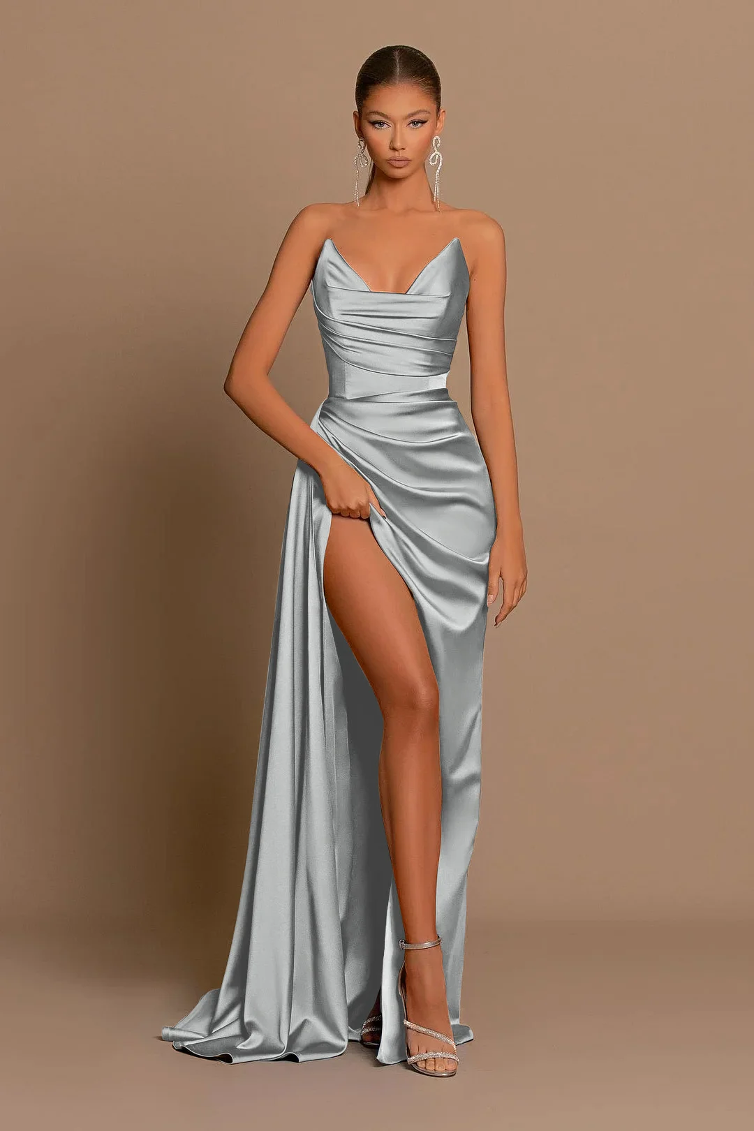 Dusty Blue Ruched Satin Long Prom Dress Strapless V-Neck Side Split Party Wear Dress