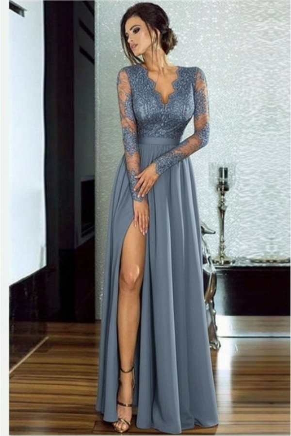 Sexy Slit Long Sleeve Formal Dress Online | Black Lace V-neck Prom Dresses FB0191