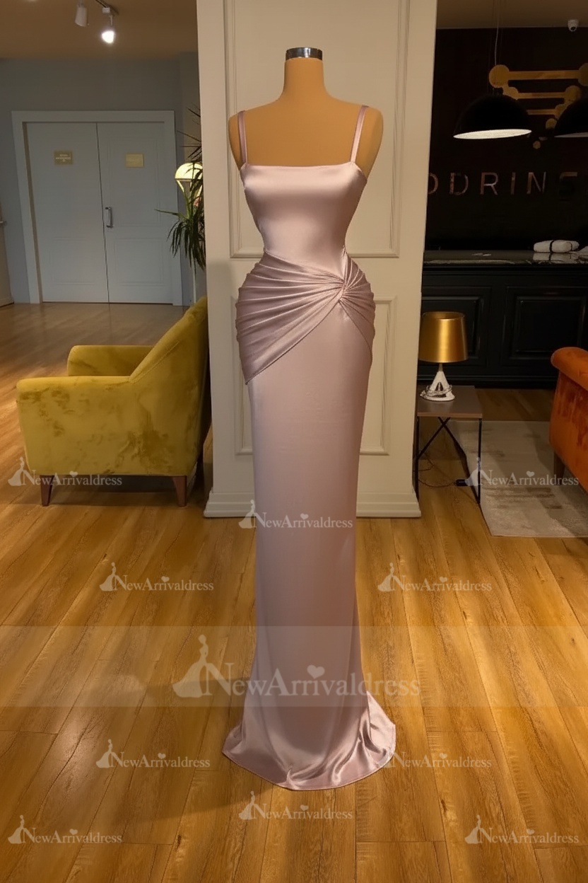 Chic Sky Blue Square Neck Slim Evening Party Wear Dress Sleeveless Satin Prom Dress