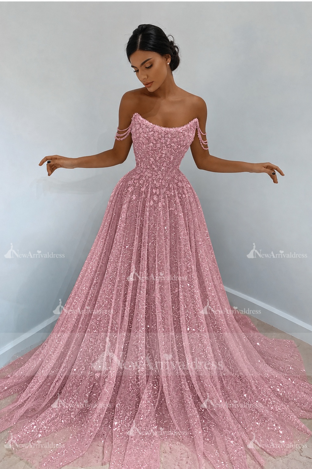 Beautiful Long A-line Sweetheart Sequined Prom Dress Off Shoulder Sky Blue Long Evening Dress
