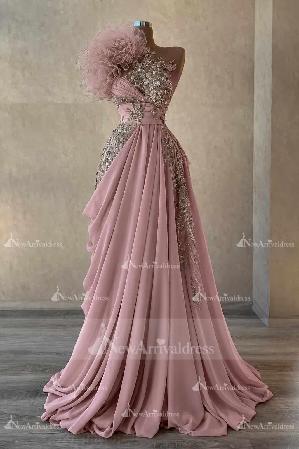 Stunning One Shoulder Flowers Ruched Satin Evening Dress Appliques Aline Party Dress