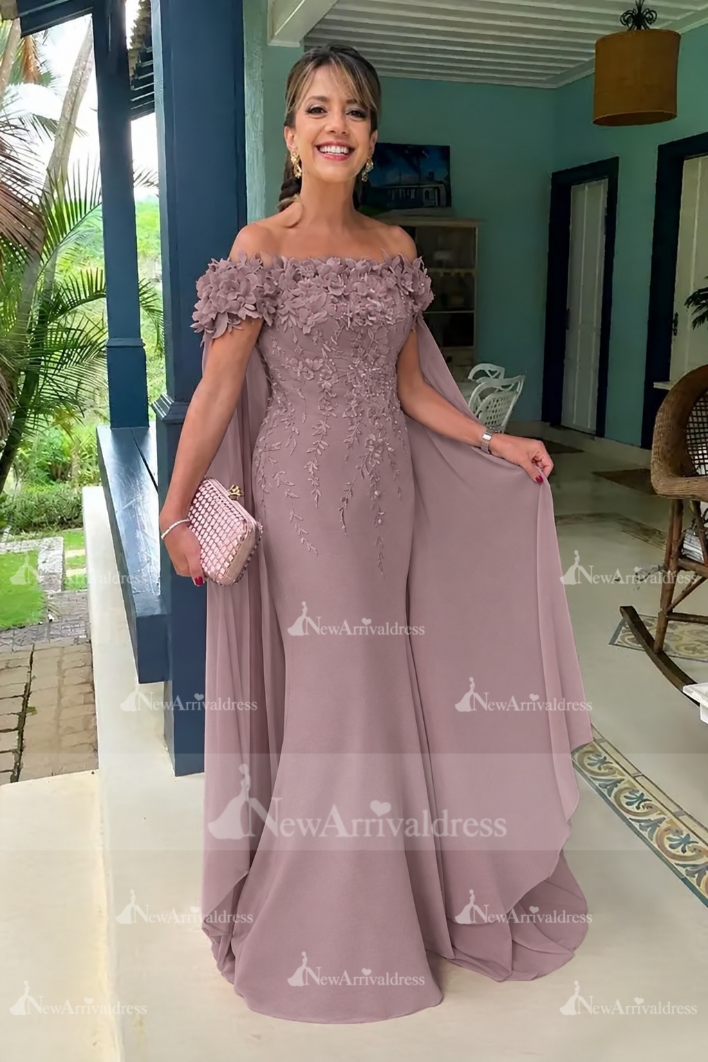 Off-the-Shoulder Pink Chiffon Flowers Long Mother of the Bride Dress with Cape