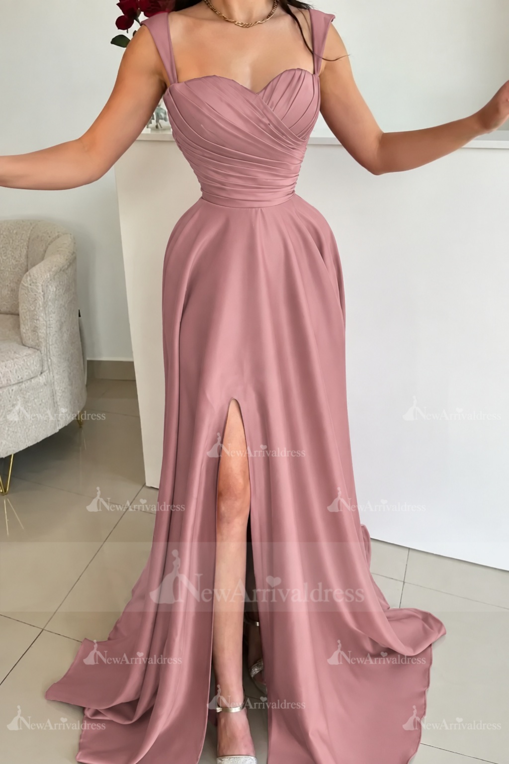 Red Sweetheart Ruffle Satin Front Slit Prom Dresses with Straps