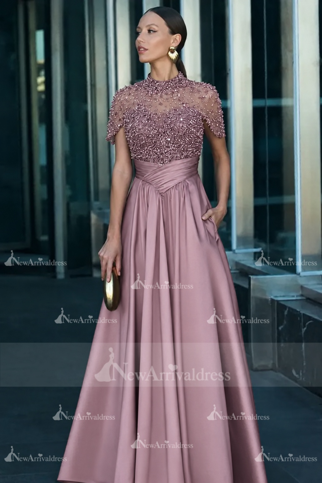 Dark Green Short Sleeves  Satin A-line Evening Dress with Beadings