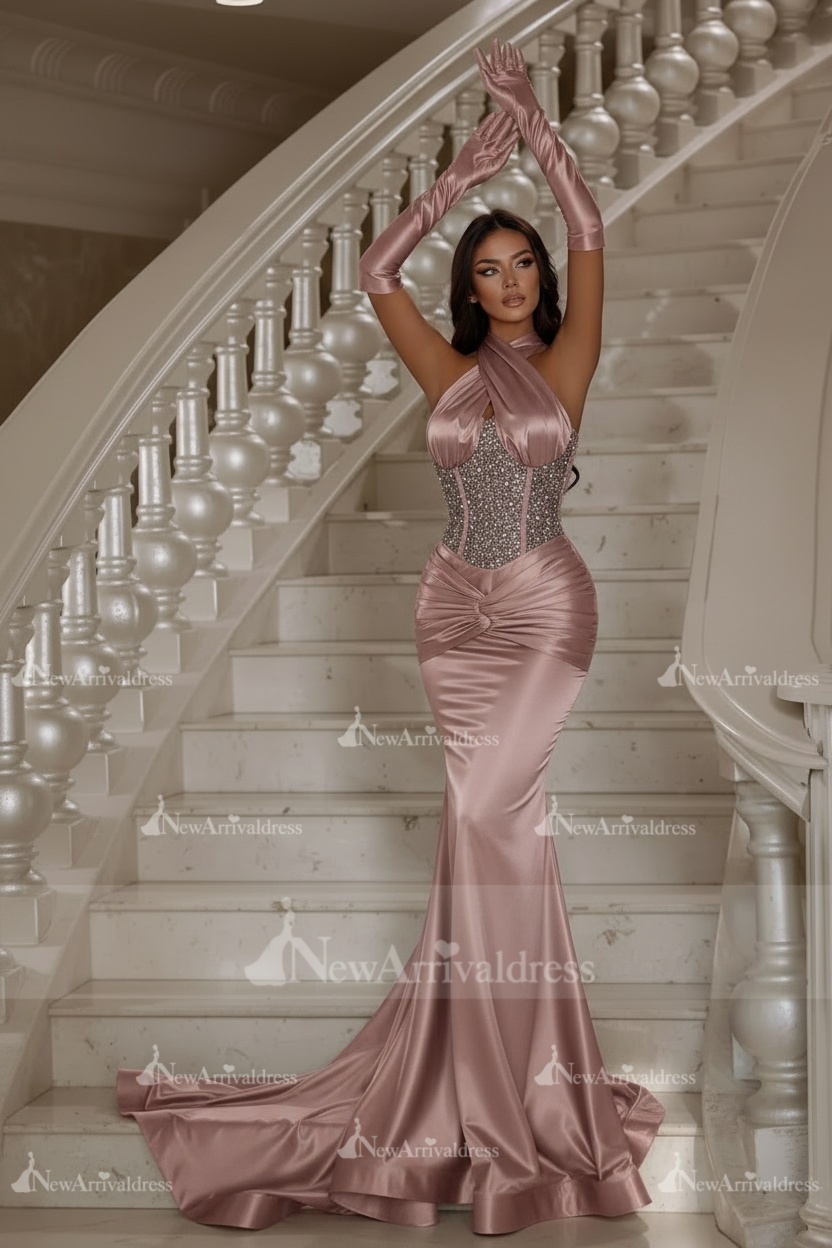 Halter Shiny Ruched Satin Mermaid Prom Dress Crystals Floor Length Evening Dress