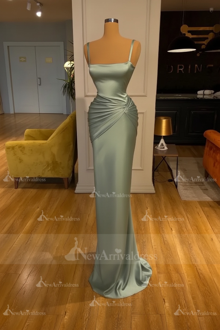 Chic Sky Blue Square Neck Slim Evening Party Wear Dress Sleeveless Satin Prom Dress