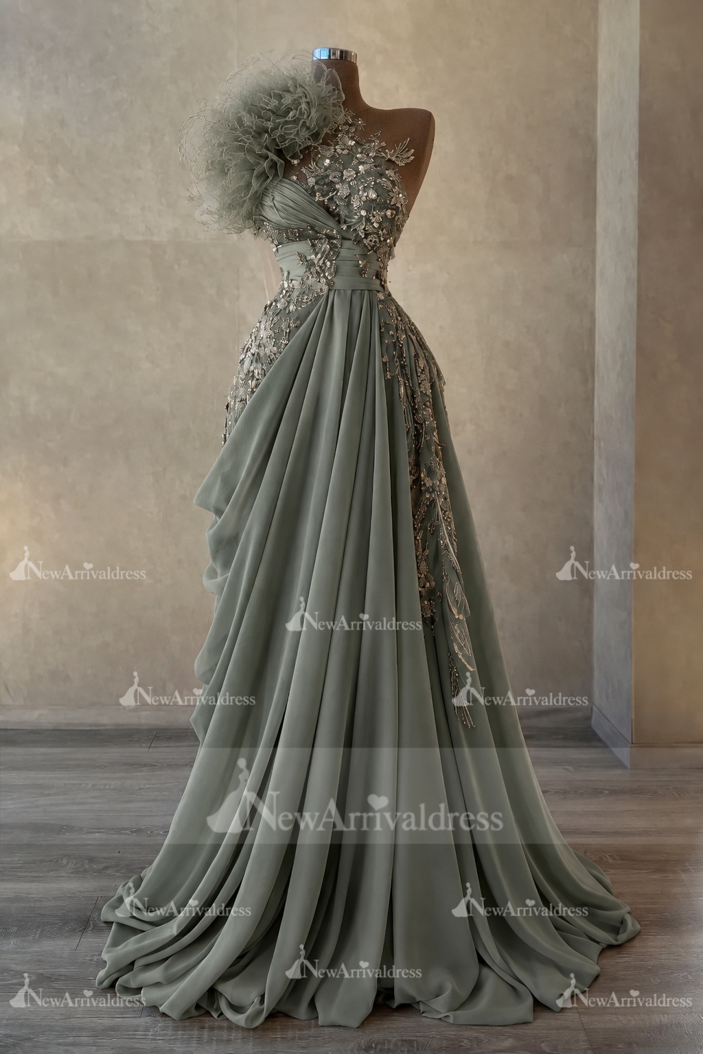 Stunning One Shoulder Flowers Ruched Satin Evening Dress Appliques Aline Party Dress