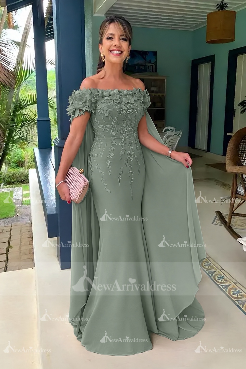 Off-the-Shoulder Pink Chiffon Flowers Long Mother of the Bride Dress with Cape
