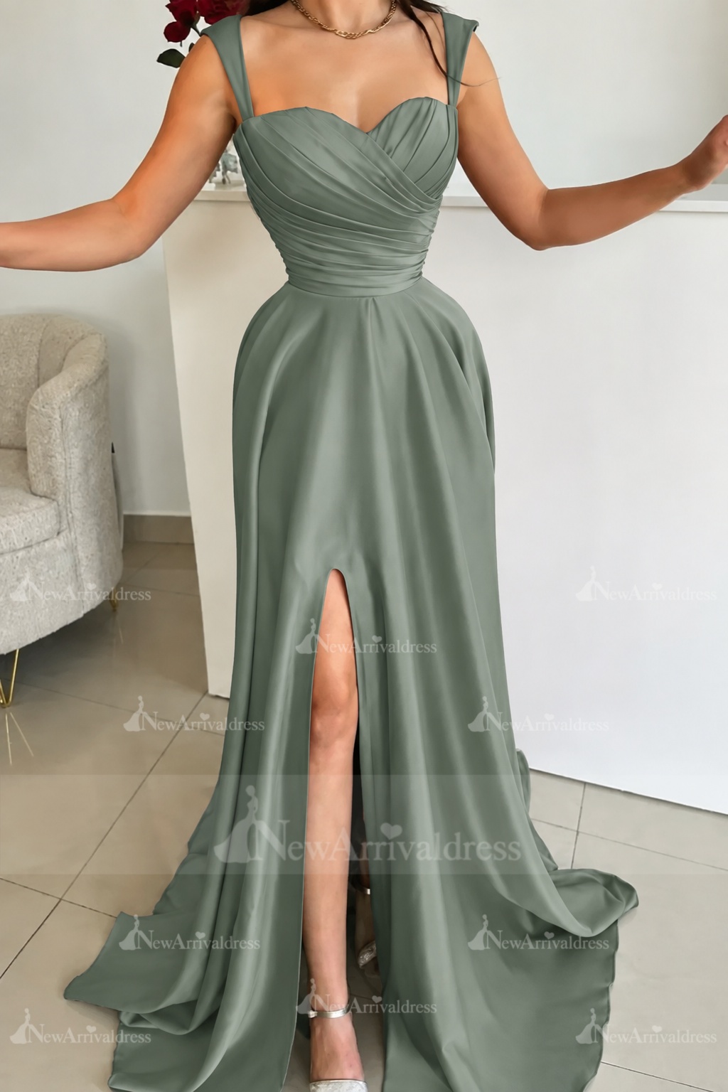 Red Sweetheart Ruffle Satin Front Slit Prom Dresses with Straps