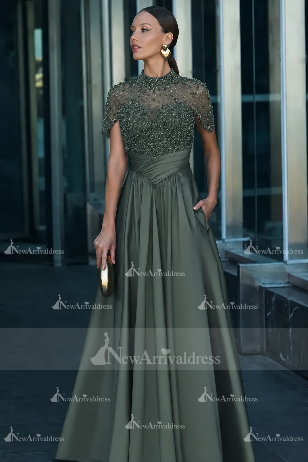 Dark Green Short Sleeves  Satin A-line Evening Dress with Beadings