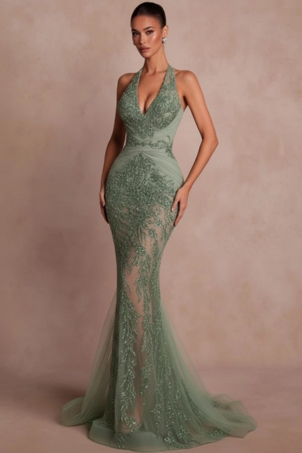 Halter Dark Green Mermaid Prom Dress Glitter Sequins Evening Gown with Lace Appliques
