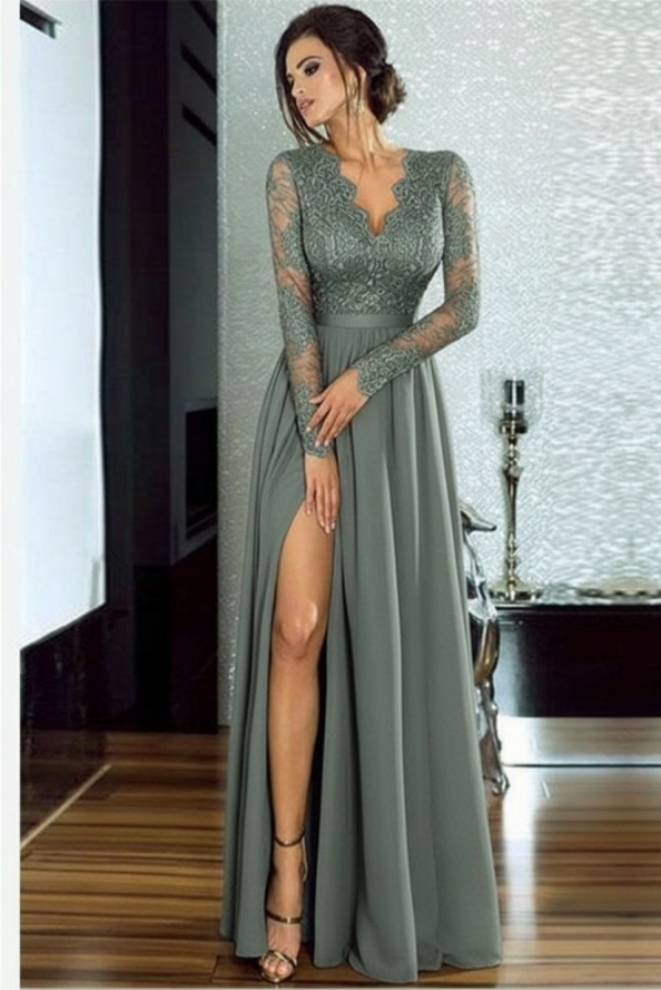 Sexy Slit Long Sleeve Formal Dress Online | Black Lace V-neck Prom Dresses FB0191