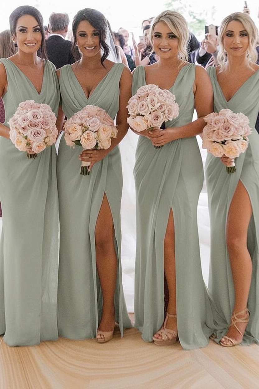Elegant Chiffon Long Bridesmaid Dress Sleeveless Side Slit Wedding Guest Dress