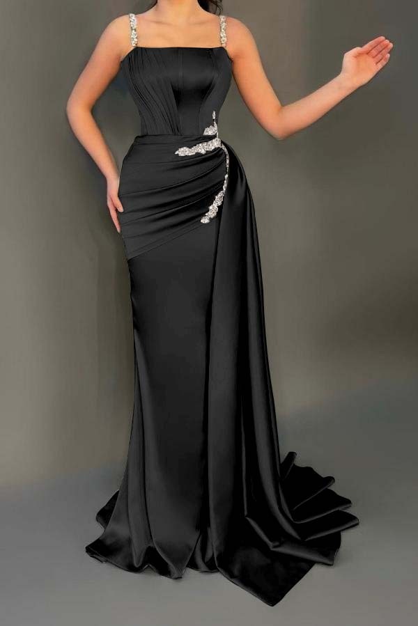 Stunning Sleeveless Ruched Satin Mermaid Prom Dress with Glitter Beadings