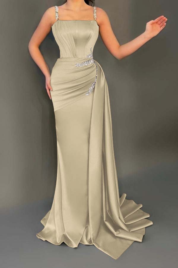 Stunning Sleeveless Ruched Satin Mermaid Prom Dress with Glitter Beadings