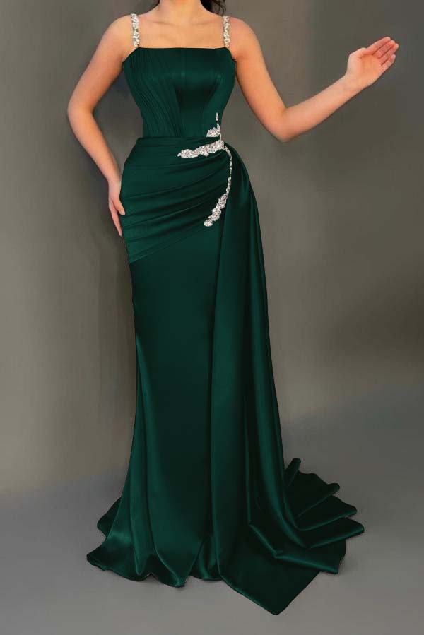 Stunning Sleeveless Ruched Satin Mermaid Prom Dress with Glitter Beadings