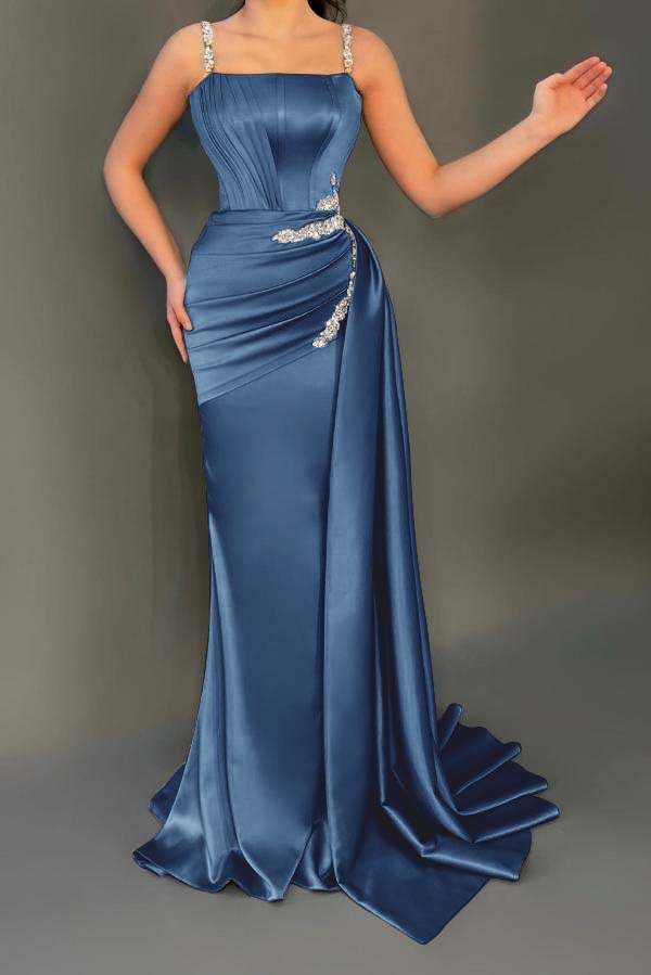 Stunning Sleeveless Ruched Satin Mermaid Prom Dress with Glitter Beadings