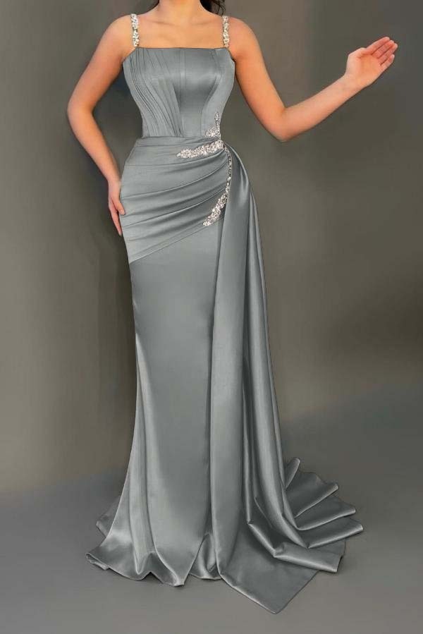 Stunning Sleeveless Ruched Satin Mermaid Prom Dress with Glitter Beadings