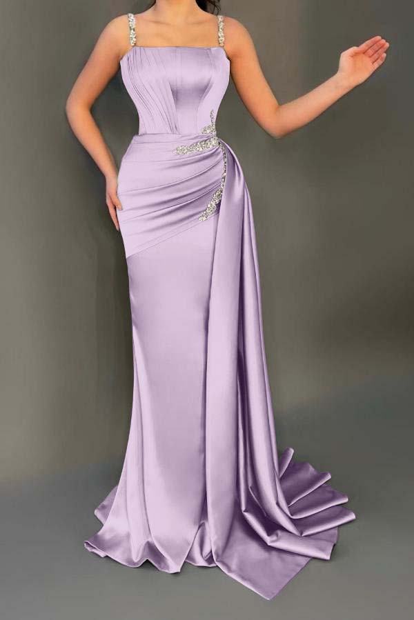 Stunning Sleeveless Ruched Satin Mermaid Prom Dress with Glitter Beadings