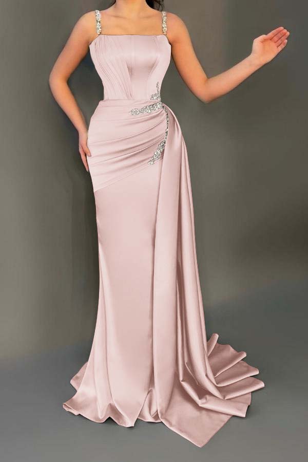 Stunning Sleeveless Ruched Satin Mermaid Prom Dress with Glitter Beadings