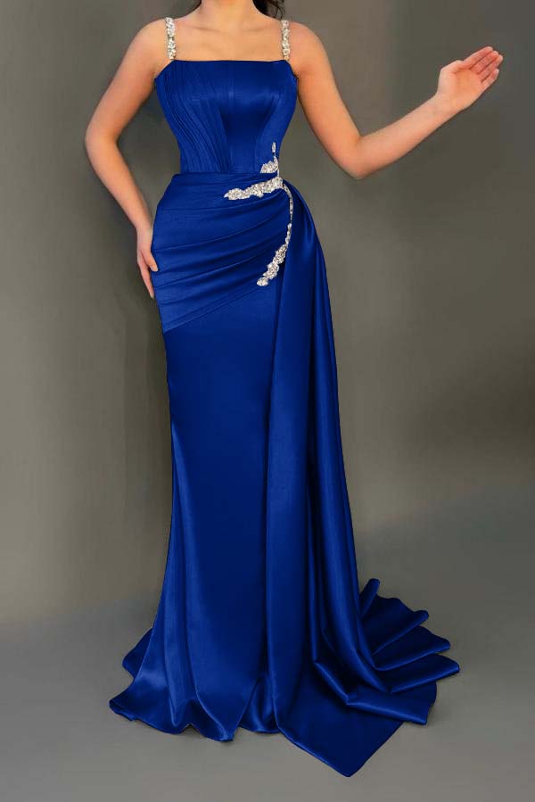 Stunning Sleeveless Ruched Satin Mermaid Prom Dress with Glitter Beadings