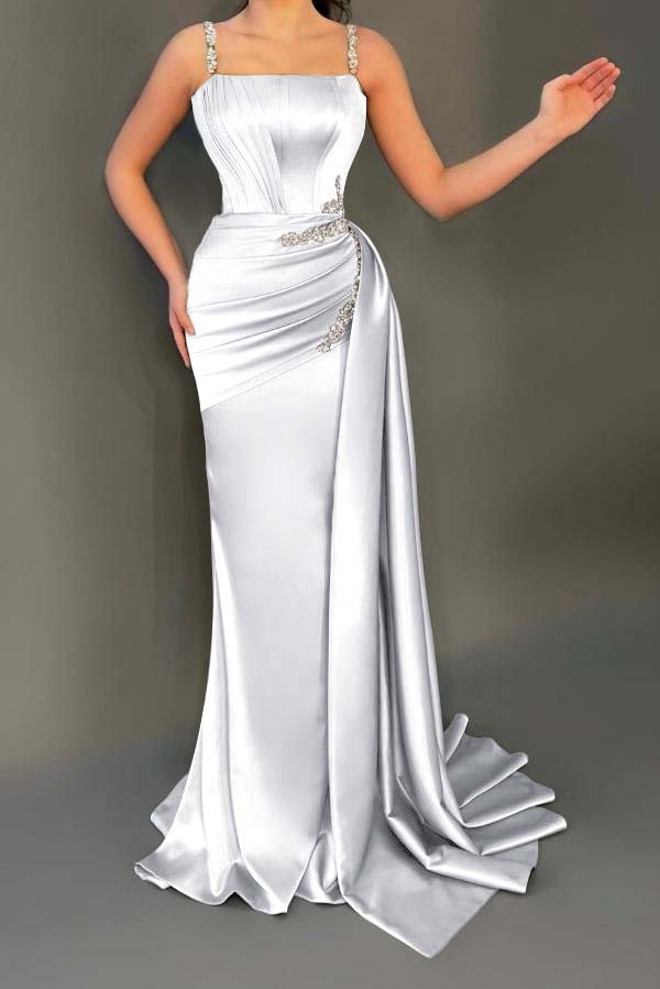 Stunning Sleeveless Ruched Satin Mermaid Prom Dress with Glitter Beadings