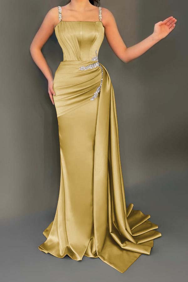 Stunning Sleeveless Ruched Satin Mermaid Prom Dress with Glitter Beadings