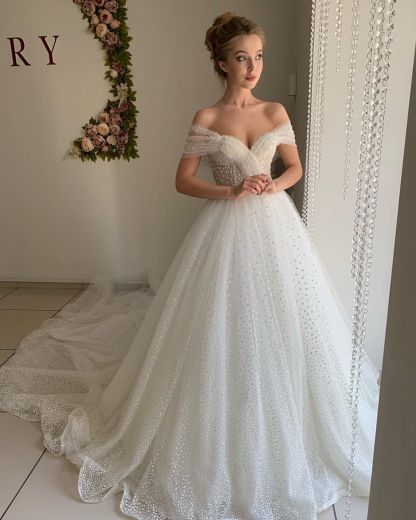 Sweetheart Pearl Off The Shoulder Ball Gown Wedding Dresses | Backless Tulle Bridal Gowns-newarrivaldress