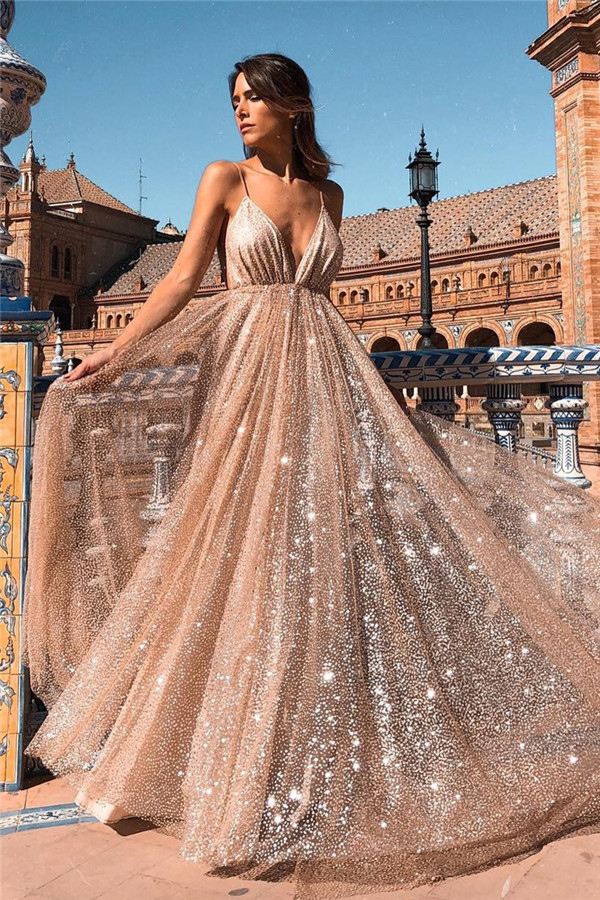 Glamorous Sequins A-Line Long Prom Gowns | 2021 Spaghetti Straps V-Neck Evening Dress-newarrivaldress