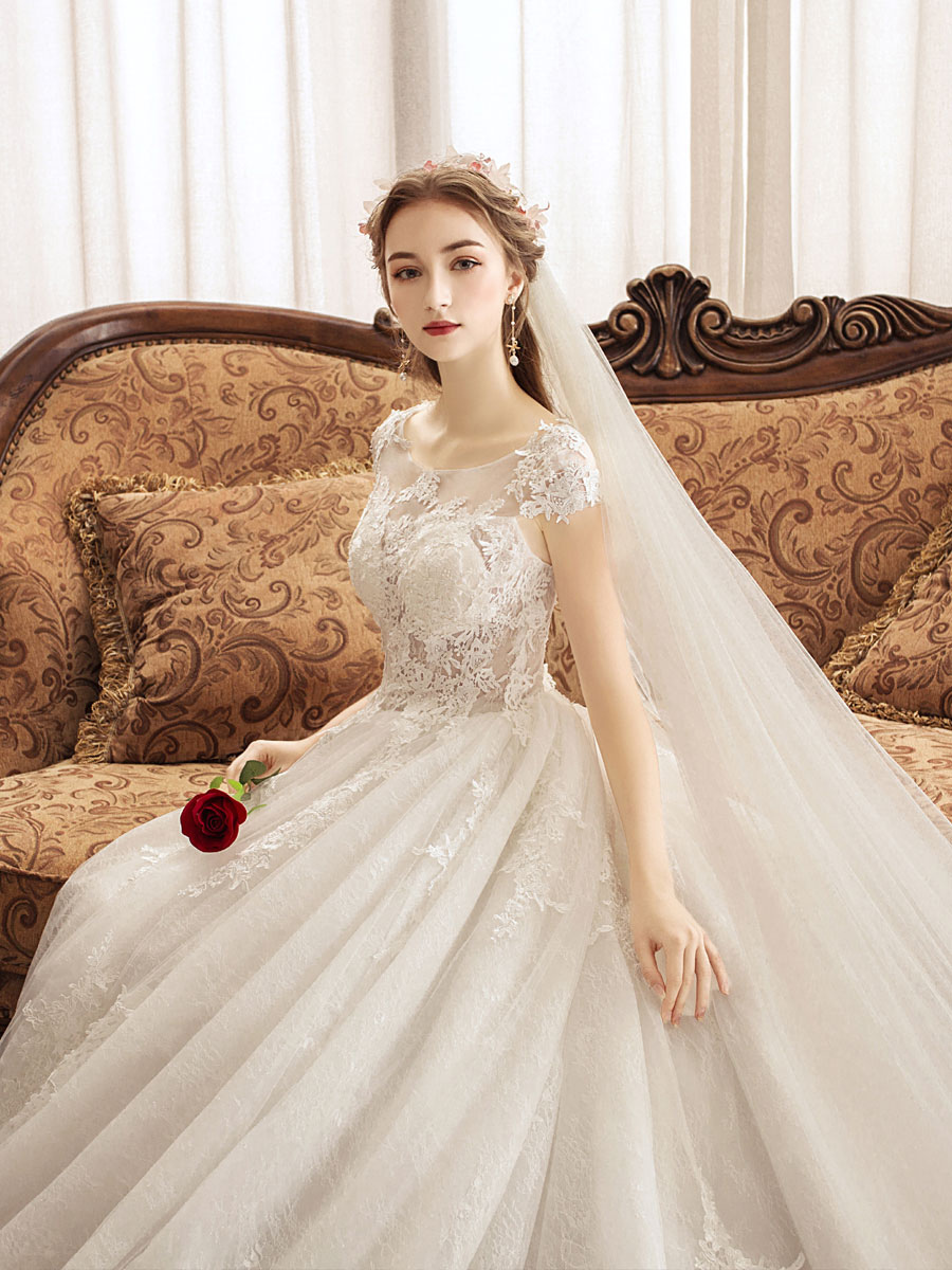 Lace Wedding Dresses Princess Bridal Gown Ivory Jewel Neck Short Sleeve Bridal Dress With Train-newarrivaldress