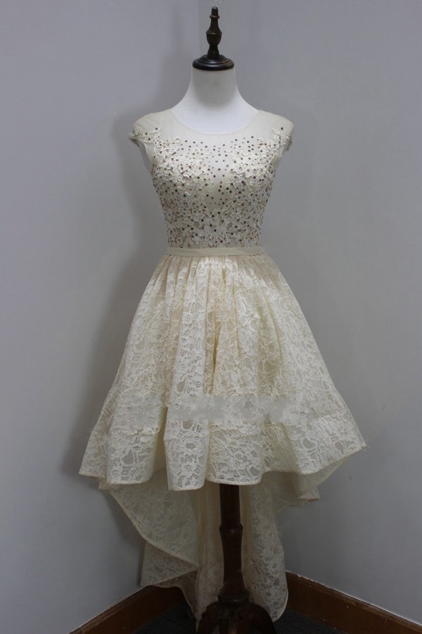 Sleeves Custom Made A-line Dresses Sequins Scoop High-Low Cap Lace Homecoming Long Prom Dresses-newarrivaldress