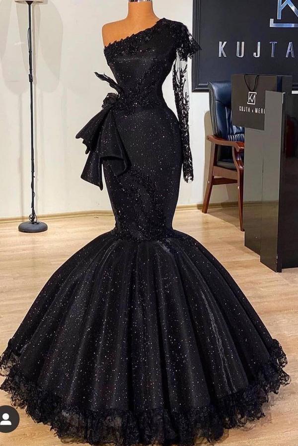 Charming Black Tulle Sequins Mermaid Party Gown One Shoulder Evening Prom Dress-newarrivaldress