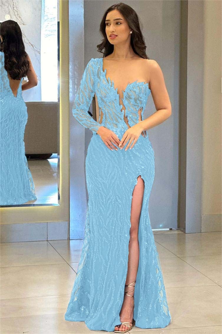 One Shoulder One Long Sleeve Backless Mermaid Split Prom Dress With Appliques