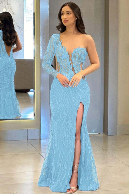 One Shoulder One Long Sleeve Backless Mermaid Split Prom Dress With Appliques