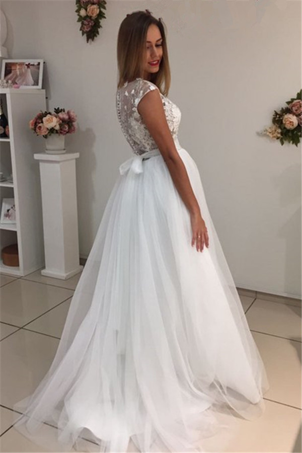 Custom Made Cap Sleeves Elegant A-Line Tulle Wedding Dresses-newarrivaldress