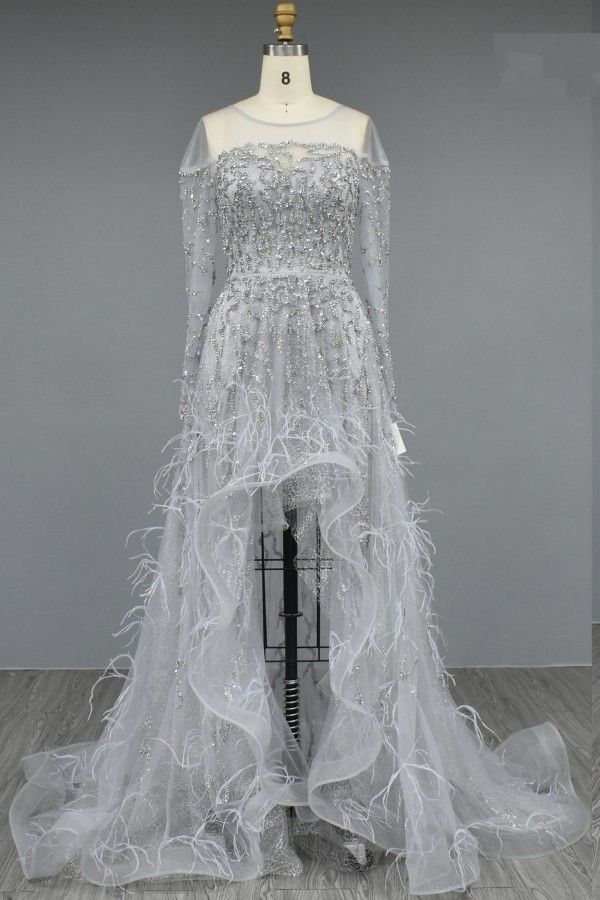 Gorgeous Long Sleeves Crystals Jewel Tulle Hi-Lo Evening Dress with Fur-newarrivaldress