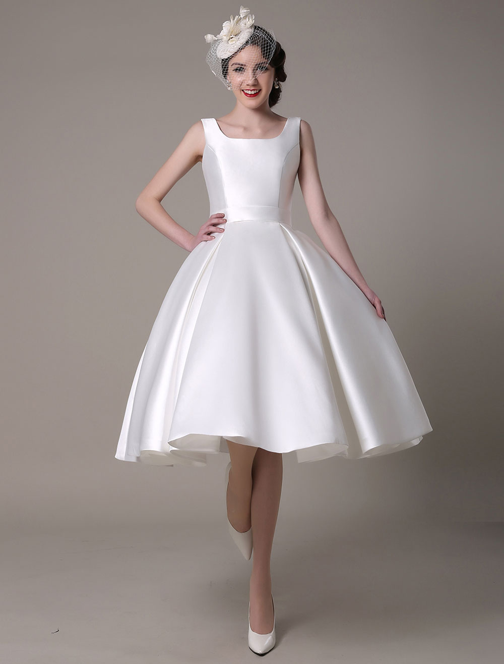 Ivory Wedding Dress Scoop Backless Knee Length Satin Wedding Gown Exclusive-newarrivaldress