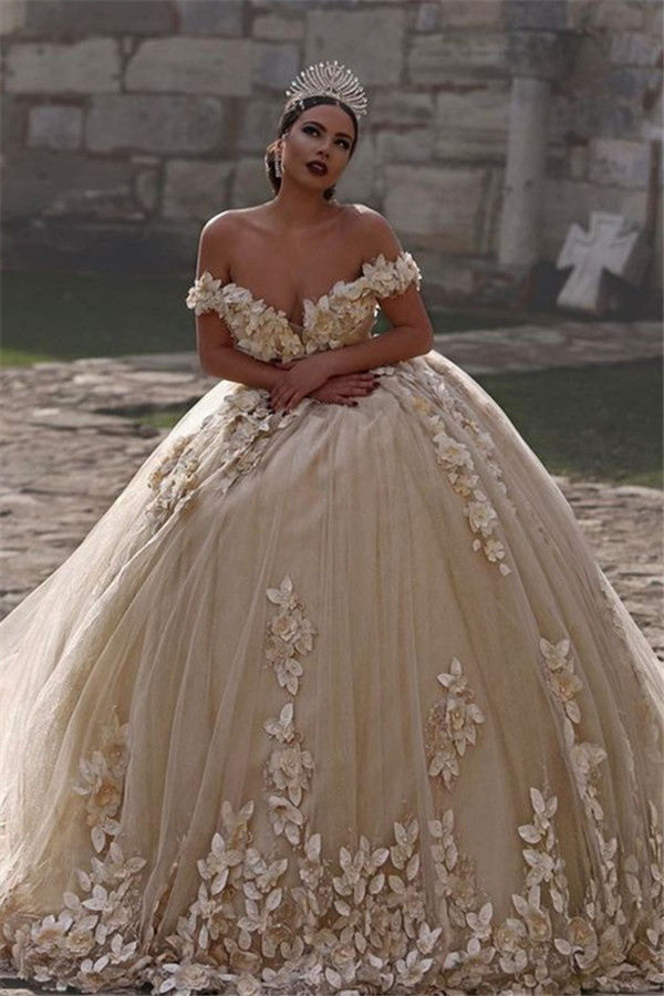 Off The Shoulder Flowers Gorgeous Wedding Dress Puffy Tulle Beaded Crystals Ball Gown Princess Bride Dress-newarrivaldress