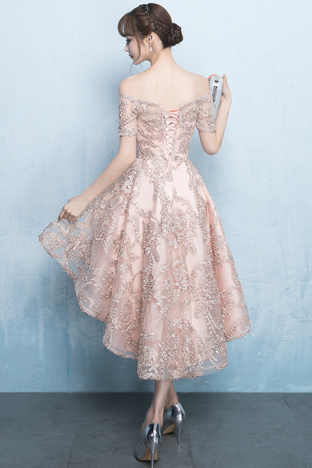 A-line Hi-lo Off-the-shoulder Short Sleeves Appliques Homecoming/Cocktail Dresses-newarrivaldress