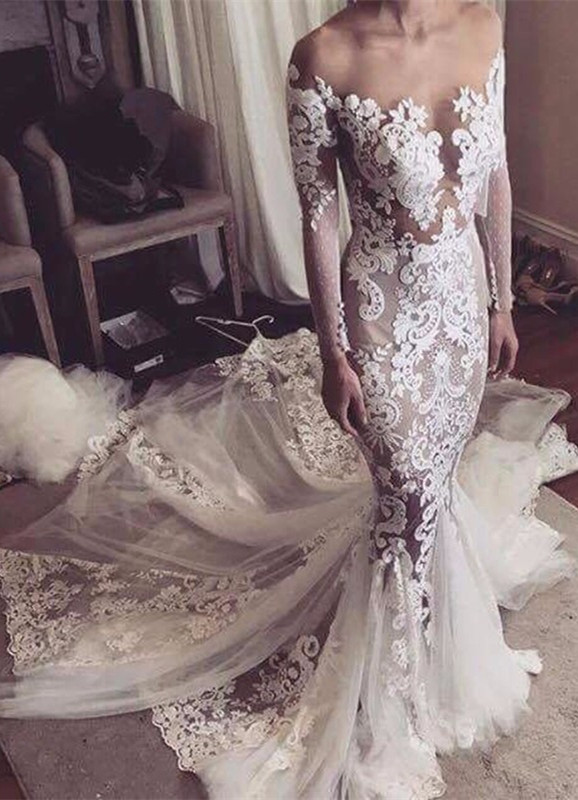 Appliques Glamorous Tulle Mermaid Long Sleeve Sexy Wedding Dresses Online-newarrivaldress