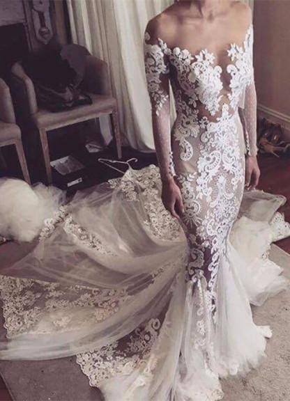 Appliques Glamorous Tulle Mermaid Long Sleeve Sexy Wedding Dresses Online-newarrivaldress