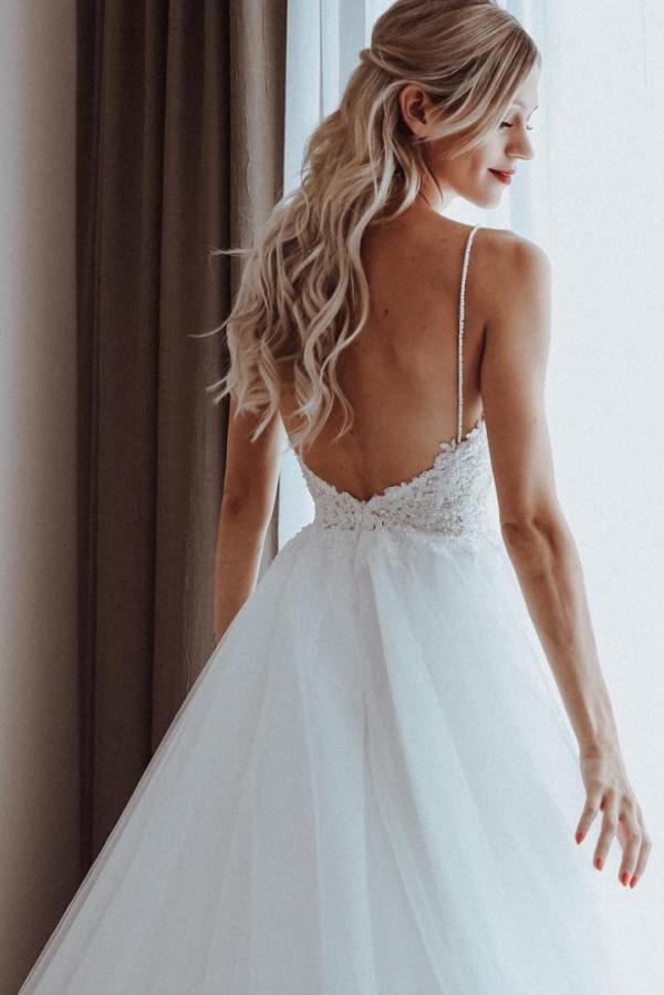 Stylish Floral Lace Pearls Wedding Dress Backless Tulle Bridal Dress-newarrivaldress