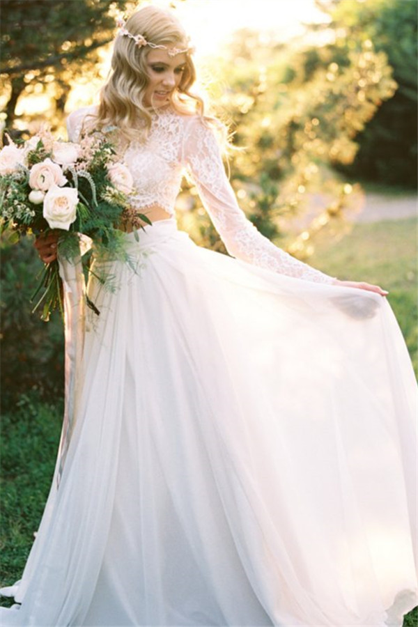 Elegant Two Piece Long Sleeves Chiffon Lace New Arrival A-line Wedding Dresses-newarrivaldress