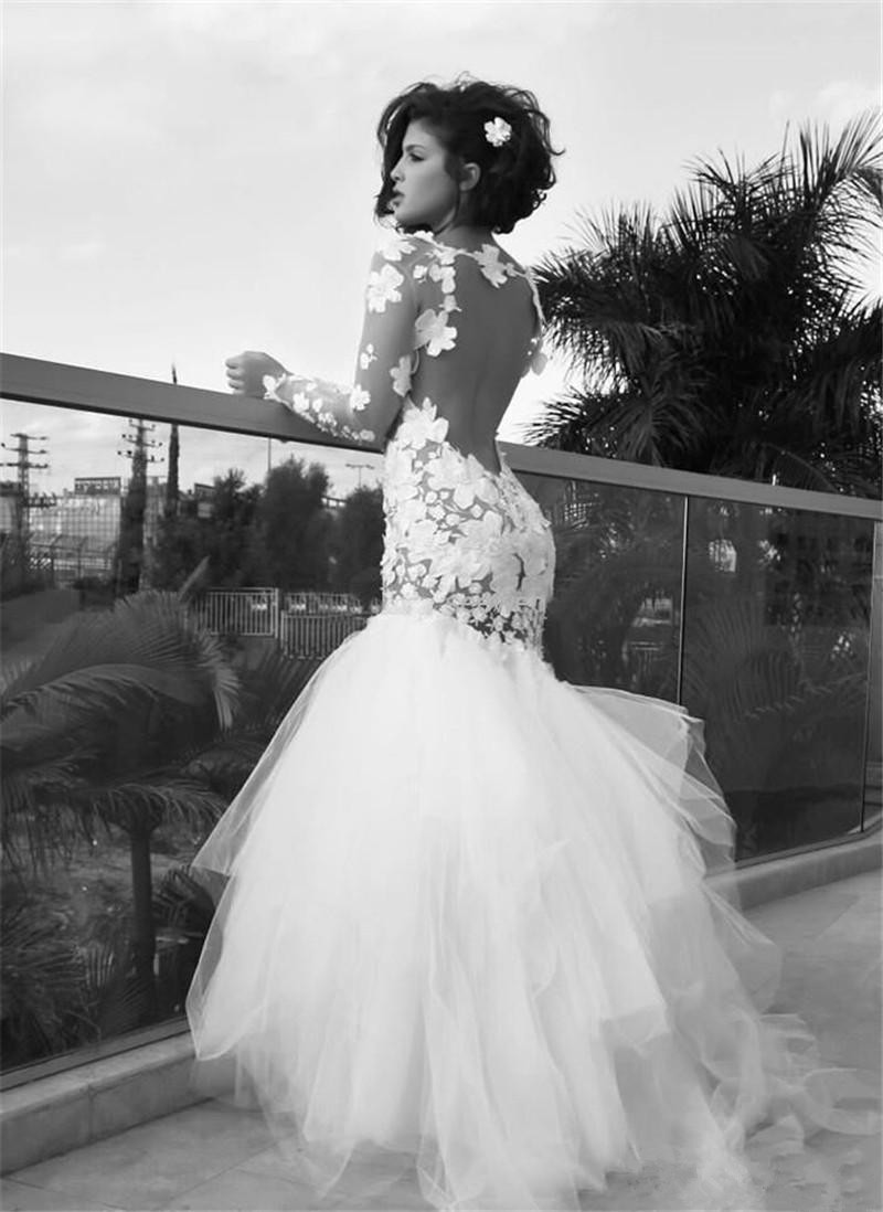 Retro Mermaid White Wedding Dresses with Sleeves | Backless Long Sleeve Tulle Bridal Gowns-newarrivaldress