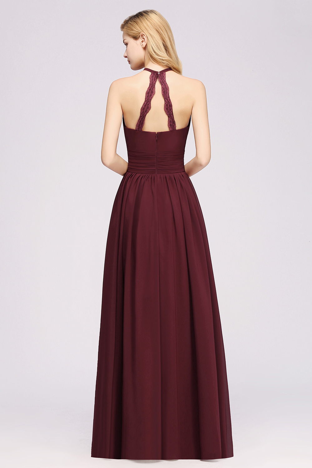 A-line Chiffon Appliques Halter Sleeveless Floor-Length Bridesmaid Dresses with Ruffles-newarrivaldress