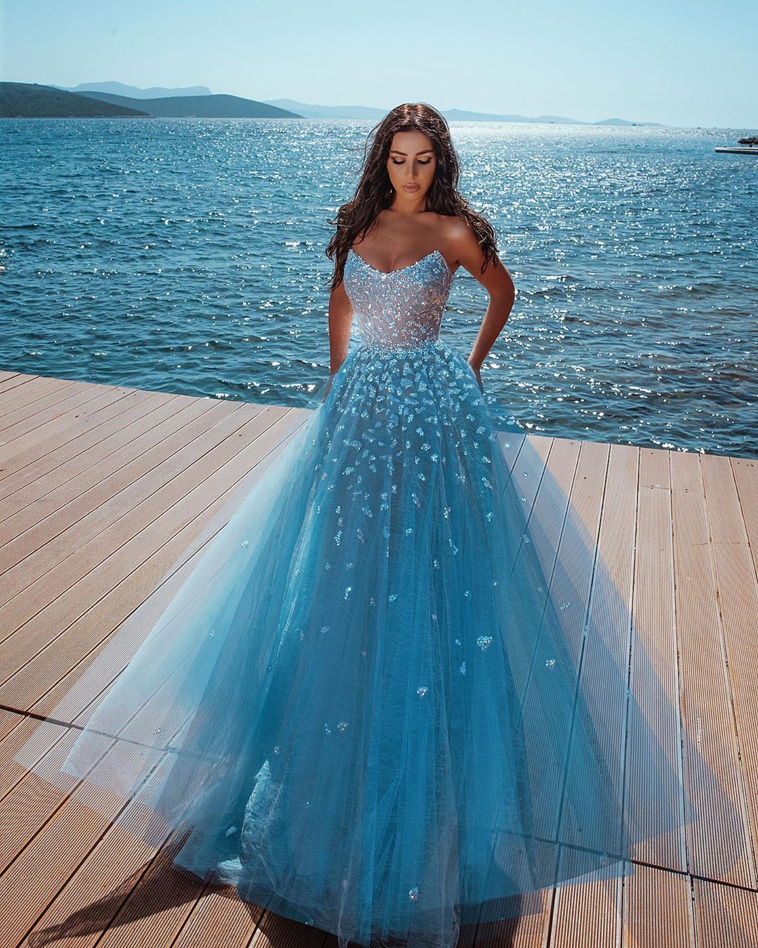 Strapless Shiny Crystal Prom Dresses | Tulle Sleeveless Floor Length Evening Gowns-newarrivaldress