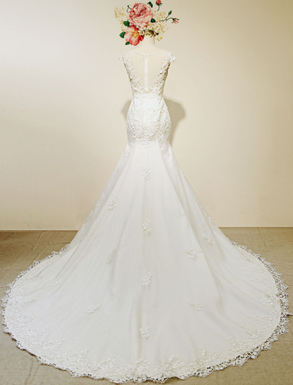 High Qulity Lace Mermaid Wedding Dress Illusion Chaple Train Ivory Beading Bridal Gown-newarrivaldress