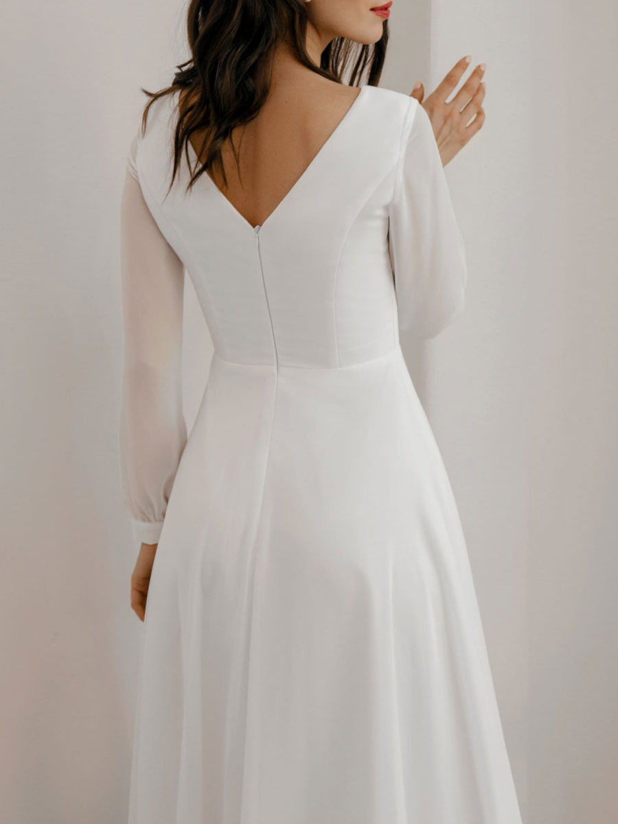 White A-Line Simple Wedding Dress Jewel Neck Long Sleeves Ankle-Length Zipper Chiffon Bridal Gowns-newarrivaldress