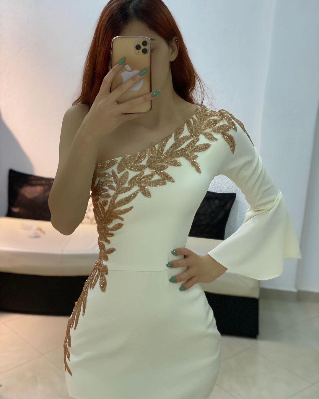 One Shoulder Satin Ankle Length Formal Dresses with Gold Embellishments-newarrivaldress