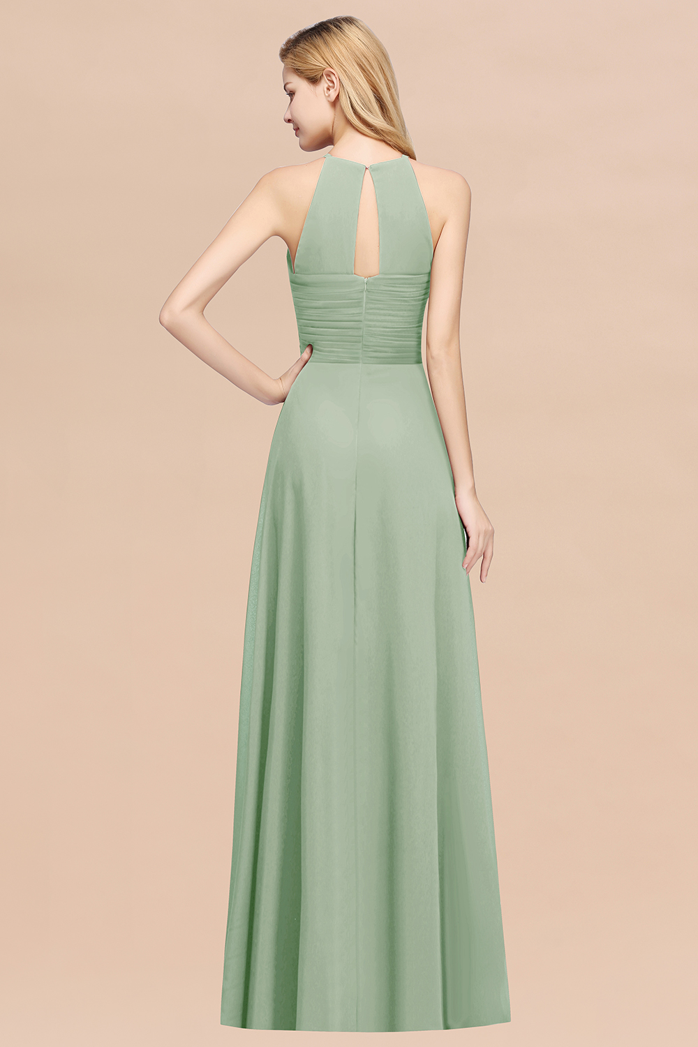 Halter Pleated Bridesmaid Dress Chiffon Sleeveless Floor Length Wedding Guest Dress-newarrivaldress